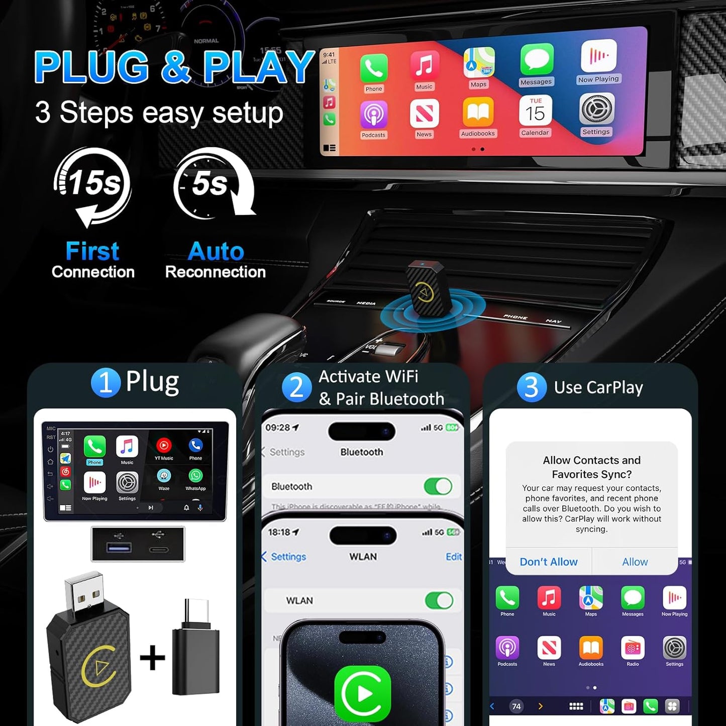 Adaptateur Apple CarPlay sans fil pour CarPlay câblé en usine