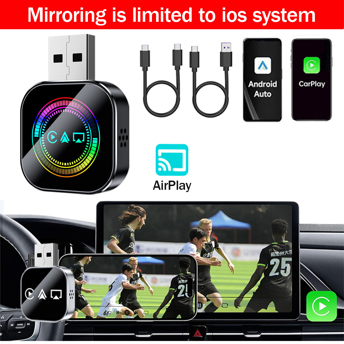 2026 Upgrade 3-in-1 Wireless CarPlay Adapter - Mirror Link/AirPlay, Instant Wired to Wireless, Plug & Play Mini Stable Design