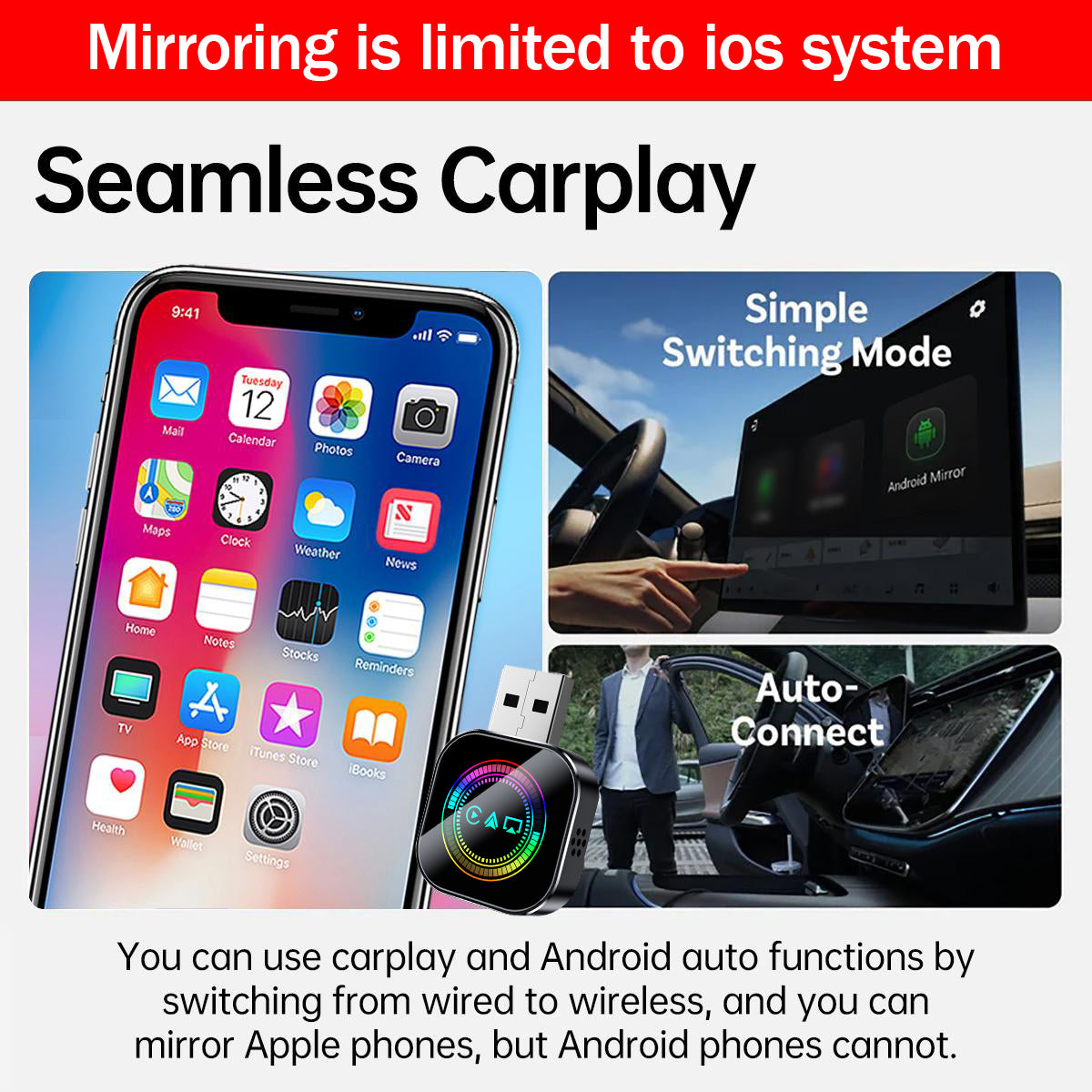 2026 Upgrade 3-in-1 Wireless CarPlay Adapter - Mirror Link/AirPlay, Instant Wired to Wireless, Plug & Play Mini Stable Design