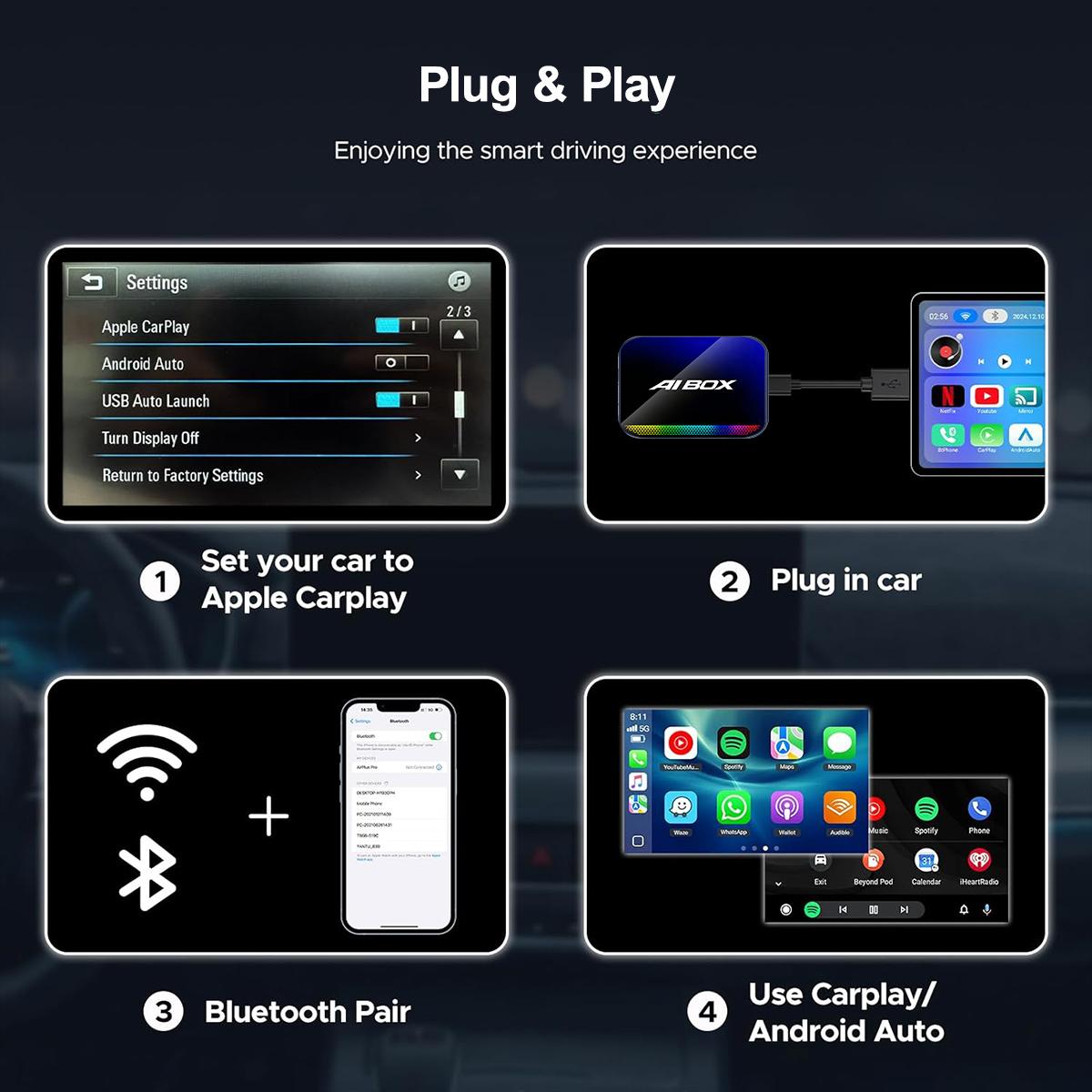 4-in-1 Wireless CarPlay & Android Auto Adapter Compatible with Netflix YouTube TikTok Screen Mirror Link & Play for OEM Wired CarPlay Cars
