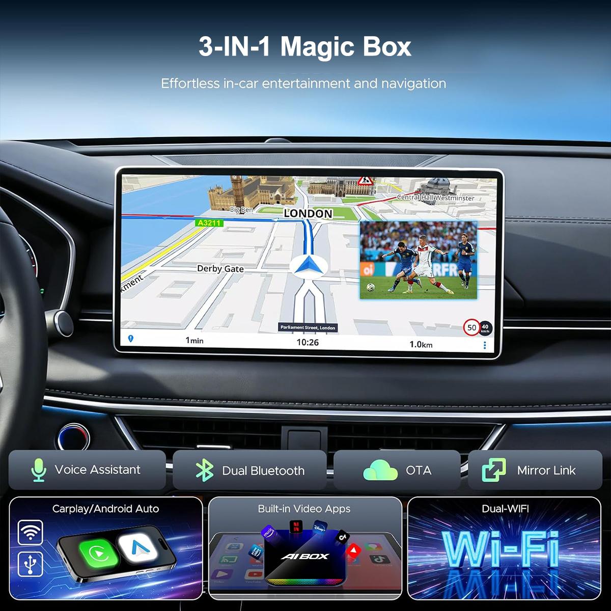4-in-1 Wireless CarPlay & Android Auto Adapter Compatible with Netflix YouTube TikTok Screen Mirror Link & Play for OEM Wired CarPlay Cars