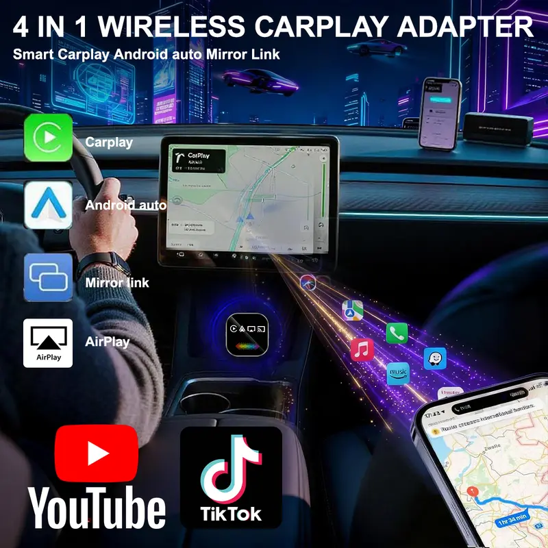2026 Upgrade 4-in-1 Wireless CarPlay Adapter - Mirror Link/AirPlay, Instant Wired to Wireless, Plug & Play Mini Stable Design
