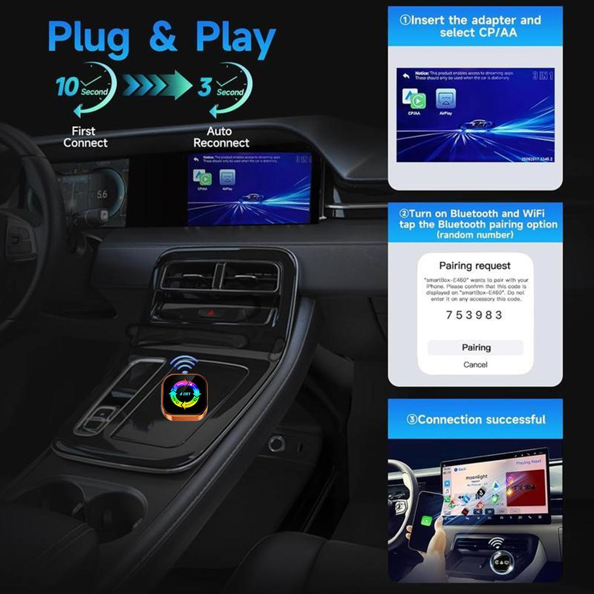 Delivery in 3 days-2026 Upgrade 4 in 1 Wireless Carplay Mirror Link Adapter foriPhone/Android auto