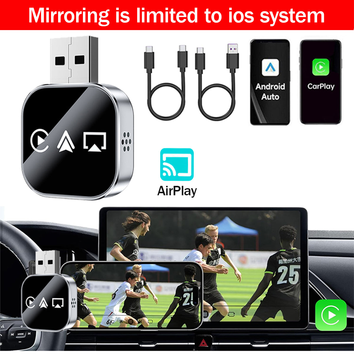2026 Upgrade 3-in-1 Wireless CarPlay Adapter - Mirror Link/AirPlay, Instant Wired to Wireless, Plug & Play Mini Stable Design